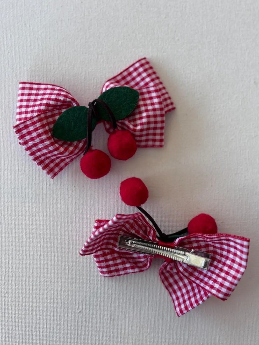 Red Gingham Cherry Bow Hair‎ Clips Set of 2 Retro